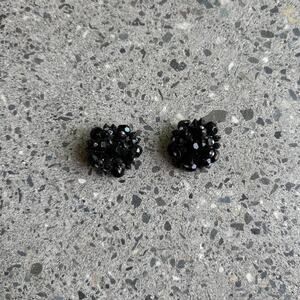 Women’s Clip-On Earrings Black Glass Beaded Cluster Faceted Round1940s